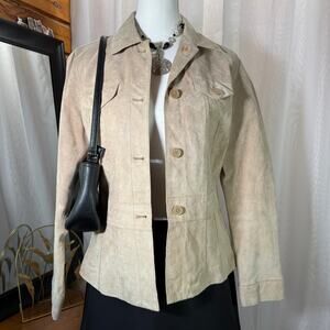 Apostrophe Genuine Suede Tan Leather Jacket Size 12 Classic Button Front Coat